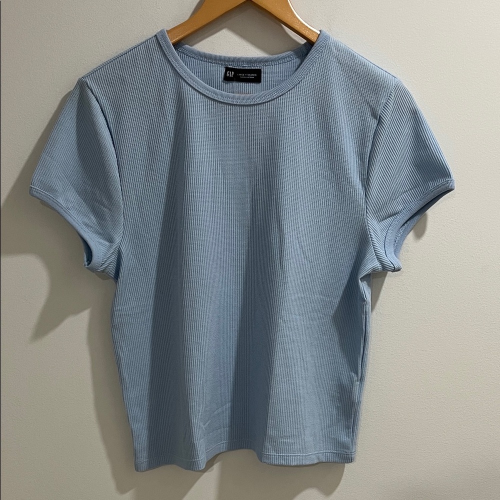 NWT GAP Women’s Baby Tee Large Tall Blue Waffle Short Sleeve Shirt Cotton Blend